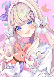 Rule 34 | 1girl, blue bow, blue eyes, blush, bow, brooch, colored inner hair, diamond hair ornament, dot nose, hair bow, hair intakes, hair ornament, heart, heart brooch, highres, hugging object, indie virtual youtuber, jewelry, light brown hair, long hair, looking at viewer, misumi no harawata, multicolored hair, open mouth, pink background, pink eyes, pink hair, pom pom (clothes), regimiruku, smile, solo, two-tone hair, upper body, virtual youtuber, watagashi unou, white bow, x hair ornament