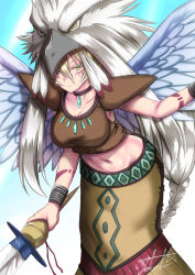 Rule 34 | 1girl, animal helmet, arm tattoo, bangle, bird, blonde hair, blue background, bracelet, braid, breasts, brown choker, brown shirt, choker, cleavage, closed mouth, collarbone, commentary request, cowboy shot, duel monster, eagle, facial mark, feathered wings, feathers, groin, guardian eatos, hair between eyes, headdress, highres, holding, holding sword, holding weapon, jewelry, leaning forward, long skirt, looking at viewer, midriff, navel, print skirt, shirt, short hair, shoulder pads, sidelocks, signature, simple background, skirt, sleeveless, sleeveless shirt, solo, standing, sword, takecha, tattoo, weapon, wings, yellow eyes, yellow skirt, yu-gi-oh!