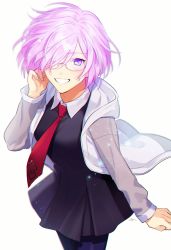 Rule 34 | 1girl, black dress, blue pantyhose, cowboy shot, dress, fate/grand order, fate (series), glasses, grey jacket, grin, hair over one eye, hand in own hair, isamu, jacket, looking at viewer, mash kyrielight, necktie, open clothes, open jacket, pantyhose, pink hair, pleated dress, purple eyes, red necktie, rimless eyewear, short dress, short hair, signature, simple background, smile, solo, standing, white background