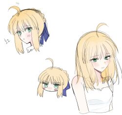 Rule 34 | 1girl, ahoge, artoria pendragon (all), artoria pendragon (fate), blonde hair, blue bow, blush, blush stickers, bow, braid, fate/stay night, fate (series), french braid, green eyes, hair bow, highres, kome rice12, korean commentary, nightgown, parted lips, saber (fate), simple background, sketch, white background