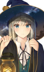 Rule 34 | adapted costume, black cloak, black ribbon, blue eyes, blue hat, blush, bob cut, buttons, cloak, closed mouth, collared shirt, commentary, cross, green vest, grey hair, halloween, hands up, hat, high collar, highres, holding, holding lantern, konpaku youmu, lantern, layered clothes, looking at viewer, medium hair, neck ribbon, pom pom (clothes), ribbon, sakuramochi usa, shirt, simple background, starry sky print, touhou, upper body, vest, white background, white shirt, wing collar, witch, witch hat