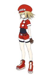 Rule 34 | 1girl, belt, bike shorts, bike shorts under shorts, blonde hair, breasts, brown gloves, cabbie hat, full body, gloves, hair between eyes, hat, jiyu2, mega man (series), mega man legends (series), red footwear, red hat, red shorts, roll caskett (mega man), short sleeves, shorts, simple background, small breasts, solo, standing, white background