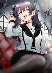 Rule 34 | 1girl, absurdres, atagumo yuba, bad id, bad pixiv id, black choker, black nails, black pantyhose, black sailor collar, black skirt, breasts, butterfly earrings, butterfly hair ornament, choker, collarbone, commentary request, couch, ear piercing, earrings, fangs, fingernails, hair ornament, hand in own hair, hand up, highres, indoors, jewelry, long fingernails, long hair, long sleeves, looking at viewer, miniskirt, nail polish, on couch, open mouth, original, pantyhose, piercing, purple hair, sailor collar, school uniform, serafuku, shirt, signature, sitting, skirt, small breasts, smile, solo, suspender skirt, suspenders, teeth, tongue, tongue out, tongue piercing, twintails, upper teeth only, white shirt, yellow eyes, yokozuwari