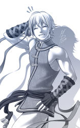 Rule 34 | 1boy, chinese clothes, dead or alive, eliot (doa), fingerless gloves, gloves, grin, male focus, marco paal, md5 mismatch, monochrome, muscular, resized, ribbon, sash, short hair, sleeveless, smile, solo, vambraces