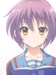 Rule 34 | 1girl, blue sailor collar, book, brown cardigan, brown eyes, cardigan, closed mouth, commentary request, expressionless, eyebrows hidden by hair, hair between eyes, kita high school uniform, looking at viewer, nagato yuki, open book, purple hair, sailor collar, school uniform, serafuku, short hair, simple background, solo, suzumiya haruhi no yuuutsu, tomamatto, upper body, white background, winter uniform