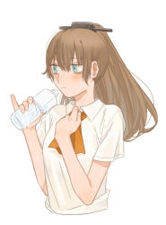 Rule 34 | 10s, 1girl, ahn, bags under eyes, blue eyes, bottle, brown hair, hair ornament, kantai collection, kumano (kancolle), long hair, looking away, no legs, pinky out, ponytail, solo, sweat, upper body, water bottle, white background