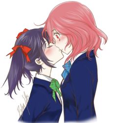 Rule 34 | 10s, 2girls, arms at sides, artist name, black hair, blazer, blush, bow, bowtie, closed eyes, eyelashes, facing another, from side, hair ribbon, height difference, jacket, kiss, looking at another, love live!, love live! school idol project, multiple girls, nishikino maki, pale skin, pink hair, ratana satis, red eyes, red hair, ribbon, school uniform, signature, simple background, striped bow, striped bowtie, striped clothes, striped neckwear, surprised, twintails, upper body, white background, wide-eyed, yazawa nico, yuri