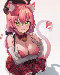 Rule 34 | 1girl, ahoge, animal ear fluff, animal ears, arm under breasts, bell, blush, bra, breasts, brown hat, cat ears, cat girl, cat tail, commentary request, detached sleeves, extra ears, green eyes, hair between eyes, hat, heart, highres, hololive, jingle bell, large breasts, long hair, long sleeves, looking at viewer, neck bell, open clothes, open shirt, parted lips, pink bra, pink hair, plaid, plaid skirt, red skirt, sakura miko, sakura miko (casual), shirt, simple background, skirt, smile, solo, tail, tail raised, twintails, underwear, virtual youtuber, white background, white shirt, woogi (duguddnr)