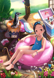 Rule 34 | 1girl, ball, barefoot, beachball, bird, black hair, blue one-piece swimsuit, book, box, brown eyes, bucket, can, casual one-piece swimsuit, drink can, earrings, flat chest, flower, forehead, full body, groin, hair flower, hair ornament, hairband, highres, hose, ice, innertube, jewelry, leaf, legs, liclac, long hair, looking at viewer, one-piece swimsuit, open mouth, original, outdoors, penguin, pinwheel, plant, pool, ribbon, rubber duck, single earring, sitting, soda can, summer, swim ring, swimsuit, thighs, toes, towel, water, wet
