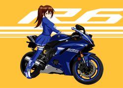 Rule 34 | 1girl, blue skirt, blue thighhighs, blush, breasts, brown hair, full body, large breasts, long hair, long sleeves, motor vehicle, motorcycle, original, skirt, standing, suhey345, sweatdrop, thighhighs, yamaha yzf-r6, yellow background