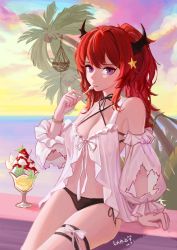 Rule 34 | 1girl, arknights, bare shoulders, bikini, black bikini, bracelet, breasts, cherry, cleavage, closed mouth, cowboy shot, cup, dated, detached sleeves, eating, food, fruit, gradient sky, hair ornament, horns, ice cream, ice cream spoon, jewelry, large breasts, long hair, long sleeves, looking at viewer, navel, official alternate costume, puffy long sleeves, puffy sleeves, purple eyes, red hair, signature, sky, smile, solo, spoon, star (symbol), star hair ornament, surtr (arknights), surtr (colorful wonderland) (arknights), swimsuit, swimsuit cover-up, thigh strap, yitaizhimeng