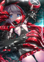 Rule 34 | 1girl, admiral graf spee (azur lane), artist name, azur lane, blue eyes, blush, breasts, highres, looking at viewer, lying, medium breasts, multicolored hair, on back, parted lips, red hair, short hair, silver hair, solo, tansan daisuki, underboob