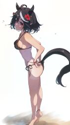 Rule 34 | 1girl, absurdres, adjusting clothes, adjusting swimsuit, ahoge, animal ears, armpits, ass, bare shoulders, barefoot, bikini, black bikini, black hair, blush, breasts, commentary, flower, from side, hair between eyes, hair flower, hair ornament, halterneck, highres, horse ears, horse girl, horse tail, kitasan black (umamusume), looking at viewer, medium breasts, midriff, multicolored hair, one-piece tan, red eyes, red flower, short hair, side-tie bikini bottom, sideboob, sideways mouth, simple background, solo, standing, streaked hair, string bikini, swimsuit, tail, tan, tanline, umamusume, white background, white hair, yakousei a