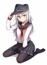 Rule 34 | 10s, 1girl, :/, anchor symbol, between legs, black pantyhose, black skirt, blue eyes, commentary request, flat cap, full body, hair between eyes, hand between legs, hand on headwear, hat, hibiki (kancolle), highres, kantai collection, long hair, looking at viewer, no shoes, pantyhose, pleated skirt, school uniform, serafuku, shiba inu (happy13227), silver hair, simple background, sitting, skirt, solo, white background