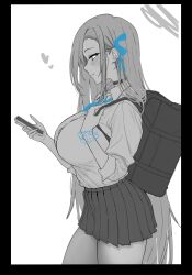 Rule 34 | 1girl, asuna (blue archive), bag, blue archive, blush, border, breasts, cellphone, chagama teishoku, choker, closed mouth, collared shirt, from side, greyscale, hair ribbon, halo, heart, highres, holding, holding phone, huge breasts, long hair, monochrome, phone, pleated skirt, profile, ribbon, school bag, school uniform, scrunchie, shirt, simple background, skirt, smartphone, solo, spot color, very long hair, wrist scrunchie