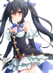 Rule 34 | 10s, 1girl, bare shoulders, black hair, blue ribbon, blush, breasts, buttons, cleavage, detached sleeves, frilled sleeves, frills, frown, garter straps, hair between eyes, hair ornament, hair ribbon, highres, keita (tundereyuina), long hair, looking at viewer, neptune (series), noire (neptunia), red eyes, ribbon, simple background, solo, twintails, very long hair, white background