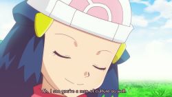 Rule 34 | 1girl, arakawa under the bridge, beanie, blue hair, closed eyes, closed mouth, cloud, commentary, creatures (company), dawn (pokemon), day, english commentary, english text, eyelashes, fake screenshot, game freak, gazing eye, grass, hair ornament, hairclip, hat, long hair, meme, nintendo, outdoors, pink scarf, pokemon, pokemon (anime), pokemon dppt (anime), portrait, scarf, sky, smile, solo, subtitled, white hat