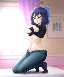 Rule 34 | 1girl, a-chan (hololive), absurdres, bad id, bad pixiv id, bed, bedroom, black-framed eyewear, black shirt, black socks, blue bow, blue eyes, blue hair, blue pants, blurry, blurry background, blush, bow, bra, bra peek, breasts, clothes lift, commentary, curtains, day, denim, drawing (object), eyelashes, full body, glasses, groin, hair between eyes, hair bow, highres, hololive, jeans, kneeling, lavender bra, lavender panties, looking down, lunch boxer, midriff, navel, pants, parted lips, picture frame, semi-rimless eyewear, shirt, shirt lift, short hair, short sleeves, small breasts, socks, solo, sunlight, sweat, underwear, undressing, virtual youtuber, window