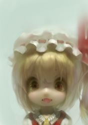 Rule 34 | 1girl, blonde hair, blouse, embodiment of scarlet devil, face, fangs, female focus, flandre scarlet, hair between eyes, hat, mob cap, photorealistic, realistic, shiratsuyu mone, shirt, side ponytail, solo, tongue, touhou, white hat, white shirt
