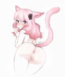 Rule 34 | 1girl, animal ears, anus, ass, bent over, blue eyes, blush, cat ears, cat girl, cat tail, cleft of venus, commission, cropped legs, female focus, flower, from behind, hair flower, hair ornament, highres, hoesmadder, looking back, nude, pink hair, pussy, solo, tail, thigh gap, uncensored
