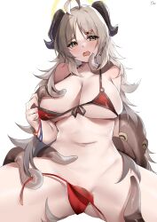 Rule 34 | 1girl, absurdres, ahoge, animal, bare arms, bare legs, bare shoulders, bikini, black horns, blue archive, blush, breasts, cleavage, demon horns, drooling, hair ornament, hairclip, halo, highres, horns, izumi (blue archive), izumi (swimsuit) (blue archive), large breasts, light brown hair, long hair, mouth drool, octopus, official alternate costume, open mouth, red bikini, simple background, solo, swimsuit, tentacles, white background, yanwulazy, yellow eyes, yellow halo