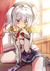Rule 34 | 10s, 1girl, arm support, ascot, beret, black eyes, blush, epaulettes, finger to mouth, frilled sleeves, frills, gloves, hairband, hat, jacket, kantai collection, kashima (kancolle), long hair, looking at viewer, military jacket, miniskirt, pleated skirt, rei (rei&#039;s room), seductive smile, sidelocks, silver hair, sitting, sketch, skirt, smile, solo, sunlight, tsurime, twintails, uniform, wariza, wavy hair, white gloves