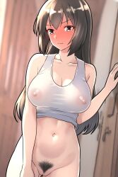 Rule 34 | 1girl, alternate costume, black hair, blush, bottomless, breasts, brown eyes, cleft of venus, covered erect nipples, cowboy shot, female pubic hair, full-face blush, furaggu (frag 0416), gluteal fold, highres, indoors, kantai collection, large breasts, long hair, nagato (kancolle), pubic hair, pussy, solo, standing, tank top, very long hair, white tank top