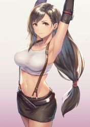 Rule 34 | 1girl, absurdres, anbe yoshirou, armpits, arms up, black skirt, breasts, brown eyes, closed mouth, commentary request, earrings, elbow gloves, elbow pads, final fantasy, final fantasy vii, fingerless gloves, gloves, highres, jewelry, large breasts, long hair, looking at viewer, low-tied long hair, midriff, miniskirt, navel, pencil skirt, shirt, skirt, smile, suspender skirt, suspenders, tank top, taut clothes, taut shirt, thighs, tifa lockhart