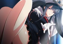 Rule 34 | 1girl, azur lane, bare legs, black hair, breasts, crossed legs, gloves, hand on breast, hat, highres, large breasts, long bangs, long hair, looking at viewer, makiri akira, military, military hat, military uniform, peaked cap, peter strasser (azur lane), pleated skirt, red eyes, skirt, solo, thighs, twintails, uniform, white gloves