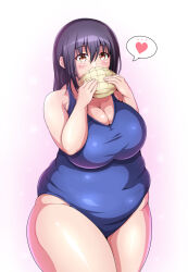 Rule 34 | 1girl, blush, bread, breasts, brown eyes, cleavage, eating, fat, food, heart, highres, huge breasts, large breasts, long hair, mahira (pixiv174324), melon bread, one-piece swimsuit, original, plump, purple hair, shiny skin, solo, standing, swimsuit, thick thighs, thighs