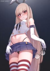 Rule 34 | 1girl, absurdres, alternate costume, armpit crease, blonde hair, blush, breasts, commission, cosplay, crop top, elbow gloves, frown, g-string, girls&#039; frontline, gloves, groin, highres, kantai collection, kkam-sang, long hair, looking at viewer, miniskirt, navel, orange eyes, round eyewear, shimakaze (kancolle), shimakaze (kancolle) (cosplay), sideboob, skirt, sleeveless, small breasts, solo, striped clothes, striped thighhighs, thighhighs, thong, type 80 (girls&#039; frontline), unworn eyewear, very long hair