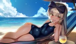 Rule 34 | 1girl, 3.1-tan, absurdres, beach, blue one-piece swimsuit, bow, breasts, cloud, cup, drinking glass, hair bow, hepari, highres, legs, long hair, lying, ocean, old school swimsuit, on side, one-piece swimsuit, open mouth, os-tan, outdoors, red eyes, ribbon, school swimsuit, sky, small breasts, smile, solo, swimsuit, thighs, white hair