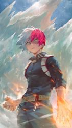 Rule 34 | 1boy, absurdres, belt, blue eyes, boku no hero academia, burn scar, commentary request, cowboy shot, fire, grey eyes, heterochromia, high collar, highres, ice, looking to the side, multicolored hair, parted lips, red hair, scar, standing, todoroki shouto, two-tone hair, u.a. gym uniform, white belt, white hair, yayoi fmfm