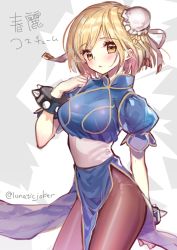 Rule 34 | 1girl, black pantyhose, blonde hair, blush, bracelet, breasts, capcom, character name, china dress, chinese clothes, chun-li, chun-li (cosplay), closed mouth, cosplay, cowboy shot, djeeta (granblue fantasy), double bun, dress, granblue fantasy, hair bun, hand up, jewelry, looking at viewer, medium breasts, pantyhose, short hair, short sleeves, solo, spiked bracelet, spikes, street fighter, thighs, tsukigami runa, twitter username, yellow eyes