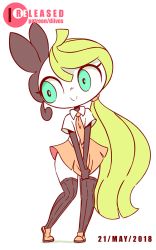 Rule 34 | 1girl, animated, animated gif, artist name, black thighhighs, blinking, blue eyes, blush, brown footwear, cleft of venus, clothes lift, creatures (company), dated, diives, english text, female focus, flashing, full body, game freak, gen 5 pokemon, green hair, hair tie, hands up, heart, heart panties, heart print, jumping, knees together feet apart, leg lift, legendary pokemon, lifting own clothes, long hair, looking to the side, meloetta, mythical pokemon, necktie, nintendo, no humans, no panties, own hands together, panties, pink necktie, pink skirt, pokemon, pokemon (creature), pokemon bw, ponytail, print panties, pussy, school uniform, shirt, shoes, short sleeves, signature, simple background, skirt, skirt lift, smile, solo, standing, standing on one leg, text focus, thighhighs, tongue, tongue out, uncensored, underwear, v arms, very long hair, white background, white shirt, wide hips