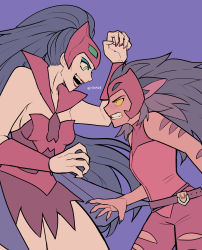 Rule 34 | 1girl, absurdres, animal ears, black hair, cat ears, catra, dual persona, fangs, highres, long hair, mask, mask on head, masters of the universe, ponytail, she-ra and the princesses of power, takamizo