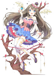 Rule 34 | 1girl, :d, angel, angel wings, blue eyes, blue skirt, blush, bracelet, breasts, brown hair, chitetan, corset, crown, detached sleeves, feathered wings, floating hair, flower, full body, hand up, high heels, highres, jewelry, knees together feet apart, long hair, looking at viewer, medium breasts, mini crown, open mouth, original, outstretched hand, petticoat, platform footwear, red flower, ring, simple background, skirt, smile, solo, tareme, thighhighs, tree, white background, white thighhighs, white wings, wings