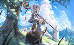 Rule 34 | 1girl, belt, belt buckle, black belt, blue sky, buckle, capelet, closed mouth, cloud, day, elf, floating hair, frieren, gold trim, grass, green eyes, highres, holding, holding staff, holding suitcase, long hair, long sleeves, looking at viewer, mage staff, mountainous horizon, outdoors, parted bangs, pointy ears, rock, shadow, shirt, skirt, sky, solo, sousou no frieren, staff, suitcase, tree, twintails, white capelet, white hair, white shirt, white skirt, yohaku