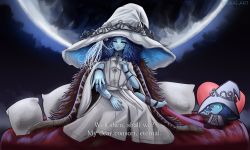Rule 34 | 1girl, absurdres, bed, blue eyes, blue hair, blue skin, colored skin, doll, elden ring, hat, highres, ranni the witch, skai art, witch hat