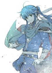 Rule 34 | 1boy, armor, blue eyes, blue hair, cape, fire emblem, fire emblem: genealogy of the holy war, gloves, headband, kizuki miki, long hair, looking at viewer, male focus, nintendo, ponytail, seliph (fire emblem), simple background, smile, sword, weapon, white background