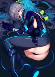 Rule 34 | 1girl, ass, black background, blue eyes, blue hair, breasts, commentary request, electric plug, grey hair, hair ornament, highres, large breasts, long hair, looking at viewer, lying, multicolored hair, nishikikope, on back, original, sideboob, simple background, solo, two-tone hair, very long hair