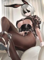Rule 34 | 1girl, absurdres, animal ears, black blindfold, black hairband, black nails, blindfold, breasts, brown pantyhose, commentary, corset, fake animal ears, frills, hairband, high heels, highres, lace trim, large breasts, nier (series), nier:automata, pantyhose, parted lips, rabbit ears, salmon88, short hair, shrug (clothing), sitting, solo, thighs, underboob, white hair, 2b (nier:automata)