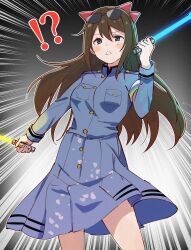 Rule 34 | !?, 1girl, absurdres, blue dress, blue eyes, blush, bow, breast pocket, breasts, brown hair, commentary request, dress, dual wielding, emphasis lines, eyewear on head, glowstick, hair between eyes, hair bow, highres, holding, holding glowstick, long hair, long sleeves, looking at viewer, love live!, love live! nijigasaki high school idol club, medium breasts, nijiyon, osaka shizuku, penlight (glowstick), pocket, red bow, ryouran! victory road (love live!), ryxxxxx, sidelocks, solo, standing, sunglasses, upper body