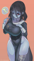 Rule 34 | 1girl, ?, absurdly long hair, bandaged leg, bandages, black dress, black hair, breasts, chamame, closed mouth, commentary request, covered navel, cross, cross necklace, dress, groin, hair between eyes, hands up, highres, jewelry, large breasts, long bangs, long hair, necklace, nun, orange background, pale skin, pelvic curtain, red eyes, simple background, solo, speech bubble, thighs, twitter username, very long hair, wide hips, yamada tae, zombie, zombie land saga