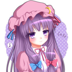 Rule 34 | 1girl, bow, hair bow, hair ribbon, hat, long hair, looking at viewer, mob cap, musical note, patchouli knowledge, purple eyes, purple hair, ribbon, shitou, smile, solo, spoken musical note, touhou, translation request