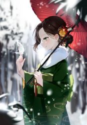 Rule 34 | 1girl, absurdres, bad id, bad pixiv id, blurry, blurry background, blurry foreground, brown hair, bug, butterfly, closed mouth, commentary, cowboy shot, depth of field, earrings, flower, flower earrings, from side, fur trim, green eyes, green kimono, hair bun, hair flower, hair ornament, highres, holding, insect, japanese clothes, jewelry, kimono, light blush, looking at another, mole, mole under eye, obi, original, parasol, parted bangs, sash, scenery, shan (ti0n), single hair bun, smile, snowing, standing, swept bangs, tree, umbrella, winter