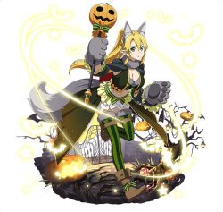 Rule 34 | 1girl, animal ears, animal hands, blonde hair, breasts, brown footwear, cleavage, fox ears, fox tail, full body, gloves, green eyes, green thighhighs, grey gloves, hair between eyes, halloween, halloween costume, holding, large breasts, leafa, leg up, long hair, midriff, navel, paw gloves, ponytail, simple background, solo, stomach, striped clothes, striped thighhighs, sword art online, sword art online: memory defrag, tail, thighhighs, vertical-striped clothes, vertical-striped thighhighs, white background