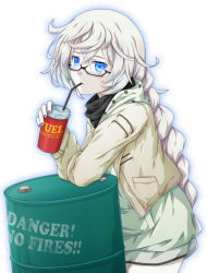 Rule 34 | 1girl, absurdly long hair, abyssal ship, alternate costume, black-framed eyewear, blue eyes, can, colored skin, drinking, drinking straw, drum (container), english text, fukaiton, glasses, glowing, glowing eyes, highres, holding, holding can, kantai collection, long hair, long sleeves, pale skin, simple background, solo, supply depot princess, very long hair, white background, white hair, white skin