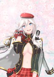Rule 34 | 1girl, :d, aiguillette, alisa ilinichina amiella, beret, black jacket, blue eyes, blush, breasts, cherry blossoms, coat, coat on shoulders, collared jacket, commentary request, cowboy shot, gloves, god eater, god eater 3, hair between eyes, hand in own hair, hand up, hat, jacket, large breasts, long hair, long sleeves, looking at viewer, navel, neck ribbon, open mouth, partially unbuttoned, plaid, plaid skirt, red hat, red ribbon, red skirt, ribbon, sidelocks, silver hair, skirt, smile, solo, stomach, teeth, torayama (mps2nd), tree, twitter username, underboob, upper teeth only, white coat, white gloves