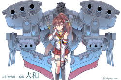 Rule 34 | 10s, 1girl, anchor, bare shoulders, breasts, brown eyes, brown hair, cannon, cherry blossoms, collar, detached sleeves, flower, gloves, hair flower, hair ornament, headgear, highres, kantai collection, kneehighs, long hair, looking at viewer, machinery, miyao ryuu, pleated skirt, ponytail, single kneehigh, single sock, single thighhigh, skirt, socks, solo, thighhighs, translated, turret, twitter username, very long hair, yamato (kancolle)